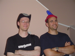 manly men, in silly hats. saying goodbye to the ferarris