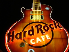 the hardrock cafe lit up at night