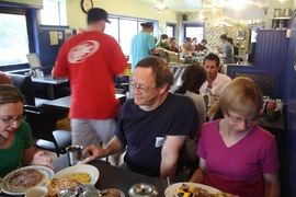 lauren, dad, and elaine out for breakfast at morning glory.