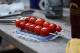 cherry tomato kabobs from the garden